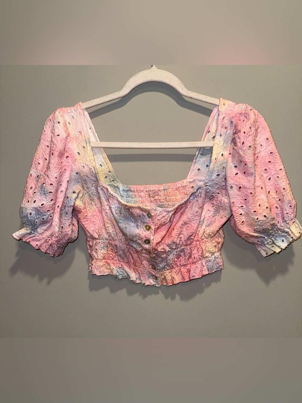 Urban Outfitters Pastel Tie-Dye Eyelet Crop Top - Pink, Blue, Yellow